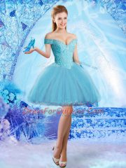 Sleeveless Mini Length Lace and Appliques Lace Up Prom Party Dress with Aqua Blue
