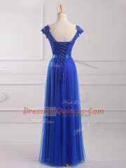 Attractive Royal Blue Lace Up V-neck Beading and Lace and Appliques and Belt Dress for Prom Tulle Short Sleeves