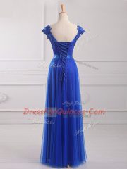 Attractive Royal Blue Lace Up V-neck Beading and Lace and Appliques and Belt Dress for Prom Tulle Short Sleeves