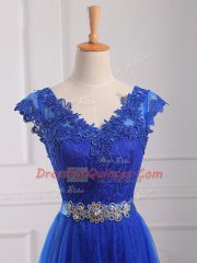 Attractive Royal Blue Lace Up V-neck Beading and Lace and Appliques and Belt Dress for Prom Tulle Short Sleeves