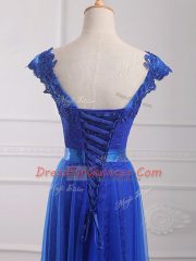 Attractive Royal Blue Lace Up V-neck Beading and Lace and Appliques and Belt Dress for Prom Tulle Short Sleeves