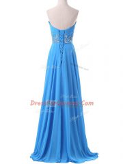 Edgy Baby Blue Sweetheart Lace Up Beading and Ruching Evening Dress Brush Train Sleeveless