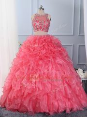 Hot Pink Sleeveless Organza Lace Up 15 Quinceanera Dress for Military Ball and Sweet 16 and Quinceanera
