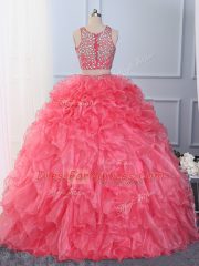 Hot Pink Sleeveless Organza Lace Up 15 Quinceanera Dress for Military Ball and Sweet 16 and Quinceanera