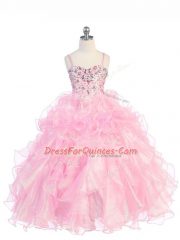 Graceful Sleeveless Organza Floor Length Lace Up Girls Pageant Dresses in Baby Pink with Beading and Ruffles