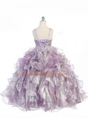 Graceful Sleeveless Organza Floor Length Lace Up Girls Pageant Dresses in Baby Pink with Beading and Ruffles