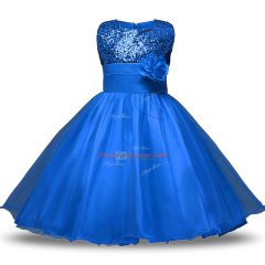 Top Selling Sleeveless Zipper Knee Length Bowknot and Belt and Hand Made Flower Toddler Flower Girl Dress