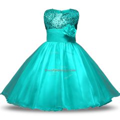 Pretty Turquoise Scoop Neckline Bowknot and Belt and Hand Made Flower Flower Girl Dress Sleeveless Zipper