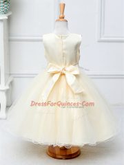 Sleeveless Tulle Knee Length Zipper Little Girl Pageant Dress in Champagne with Lace and Bowknot