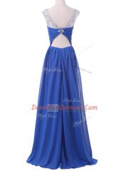 Deluxe Scoop Sleeveless Sweep Train Side Zipper Prom Dresses Blue Chiffon