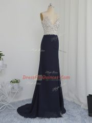 Hot Sale Black Backless V-neck Beading Evening Dress Chiffon Sleeveless