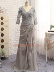 Custom Design Grey Prom Party Dress Prom and Party and Beach and Wedding Party with Lace and Appliques V-neck Long Sleeves Zipper