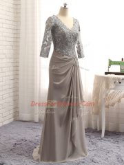Custom Design Grey Prom Party Dress Prom and Party and Beach and Wedding Party with Lace and Appliques V-neck Long Sleeves Zipper