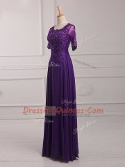 Dazzling Purple Empire Lace and Appliques Prom Dresses Zipper Chiffon Half Sleeves Floor Length