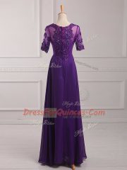 Dazzling Purple Empire Lace and Appliques Prom Dresses Zipper Chiffon Half Sleeves Floor Length