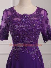Dazzling Purple Empire Lace and Appliques Prom Dresses Zipper Chiffon Half Sleeves Floor Length