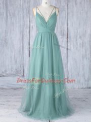 Luxury Sleeveless Tulle Floor Length Criss Cross Dama Dress in Green with Appliques