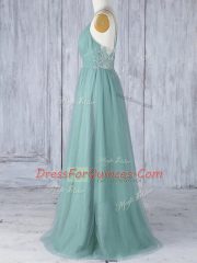 Luxury Sleeveless Tulle Floor Length Criss Cross Dama Dress in Green with Appliques