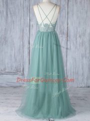 Luxury Sleeveless Tulle Floor Length Criss Cross Dama Dress in Green with Appliques