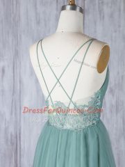 Luxury Sleeveless Tulle Floor Length Criss Cross Dama Dress in Green with Appliques