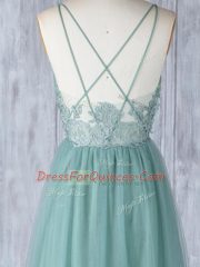 Luxury Sleeveless Tulle Floor Length Criss Cross Dama Dress in Green with Appliques