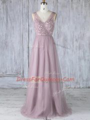 Lavender Sleeveless Appliques Floor Length Quinceanera Dama Dress
