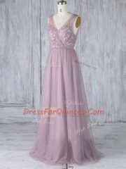 Lavender Sleeveless Appliques Floor Length Quinceanera Dama Dress