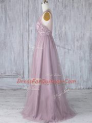Lavender Sleeveless Appliques Floor Length Quinceanera Dama Dress