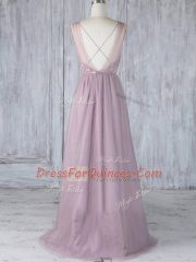 Lavender Sleeveless Appliques Floor Length Quinceanera Dama Dress
