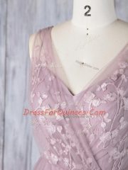 Lavender Sleeveless Appliques Floor Length Quinceanera Dama Dress