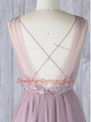 Lavender Sleeveless Appliques Floor Length Quinceanera Dama Dress