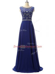 Royal Blue Sleeveless Floor Length Beading Zipper Prom Gown