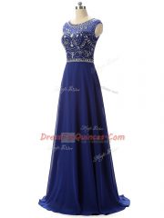 Royal Blue Sleeveless Floor Length Beading Zipper Prom Gown