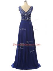 Royal Blue Sleeveless Floor Length Beading Zipper Prom Gown