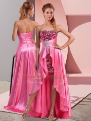 Decent Sleeveless High Low Beading and Sequins and Ruching Zipper Prom Gown with Rose Pink
