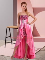 Decent Sleeveless High Low Beading and Sequins and Ruching Zipper Prom Gown with Rose Pink