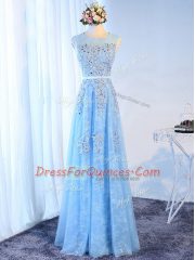 Simple Baby Blue A-line Beading and Lace and Appliques and Belt Prom Party Dress Zipper Tulle Sleeveless Floor Length Simple Baby Blue A-line Beading and Lace and Appliques and Belt Prom Party Dress Zipper Tulle Sleeveless Floor Length
