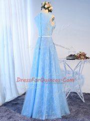 Simple Baby Blue A-line Beading and Lace and Appliques and Belt Prom Party Dress Zipper Tulle Sleeveless Floor Length