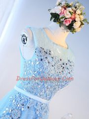 Simple Baby Blue A-line Beading and Lace and Appliques and Belt Prom Party Dress Zipper Tulle Sleeveless Floor Length