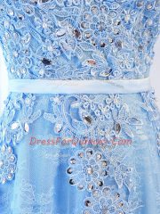 Simple Baby Blue A-line Beading and Lace and Appliques and Belt Prom Party Dress Zipper Tulle Sleeveless Floor Length
