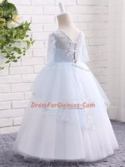 Ball Gowns Little Girl Pageant Gowns Blue And White Scoop Tulle Half Sleeves Floor Length Clasp Handle