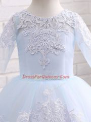 Ball Gowns Little Girl Pageant Gowns Blue And White Scoop Tulle Half Sleeves Floor Length Clasp Handle