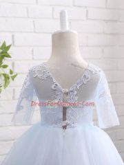 Ball Gowns Little Girl Pageant Gowns Blue And White Scoop Tulle Half Sleeves Floor Length Clasp Handle