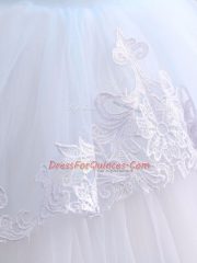 Ball Gowns Little Girl Pageant Gowns Blue And White Scoop Tulle Half Sleeves Floor Length Clasp Handle