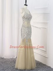 Floor Length Champagne Straps Sleeveless Criss Cross