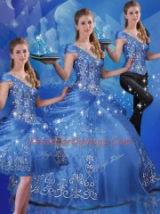 Flirting Beading and Embroidery 15 Quinceanera Dress Blue Lace Up Cap Sleeves Floor Length