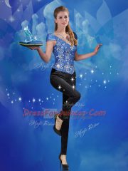 Flirting Beading and Embroidery 15 Quinceanera Dress Blue Lace Up Cap Sleeves Floor Length