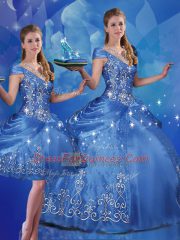 Flirting Beading and Embroidery 15 Quinceanera Dress Blue Lace Up Cap Sleeves Floor Length