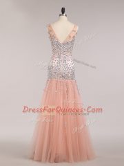 Beading and Sequins Prom Dress Peach Zipper Sleeveless Floor Length