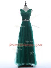 Green V-neck Neckline Beading and Appliques Evening Dress Sleeveless Zipper